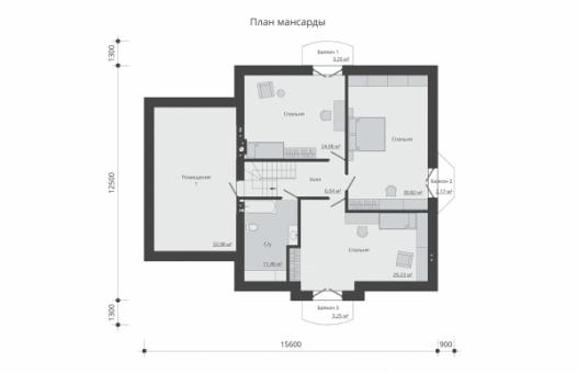 Одноэтажный дом с мансардой, гаражом, террасой и балконами